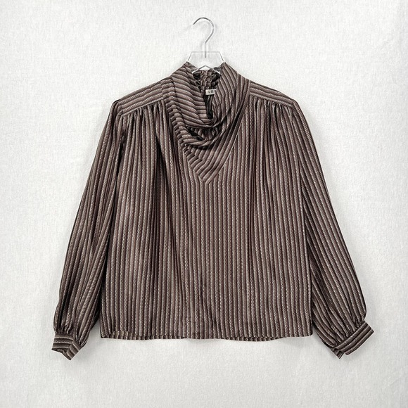 I. Magnin Tops - I MAGNIN Vintage 80s Shirt Womens 12 Brown Printed Silk Cowl Neck Long Sleeve